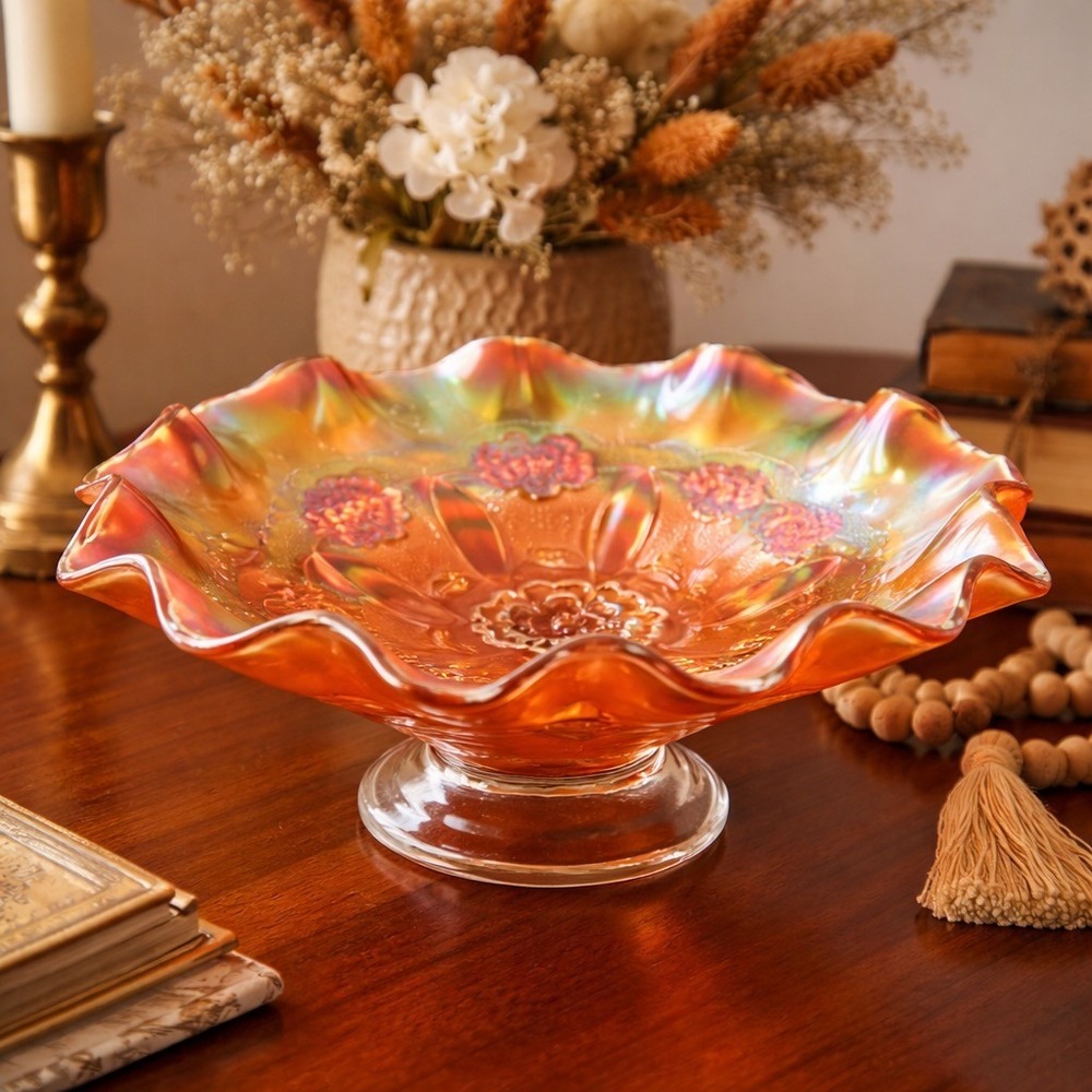Vintage Dugan Carnival Glass‎ Bowl Marigold Ruffled Pedestal Compote Iridescent